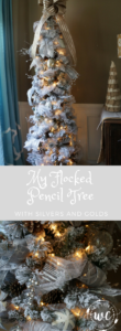 Christmas dining room flocked pencil tree with silver and gold ornaments and ribbon how to decorate a christmas tree