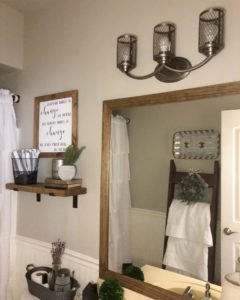 budget bathroom makeover, framed wood mirror. cheap and easy DIY