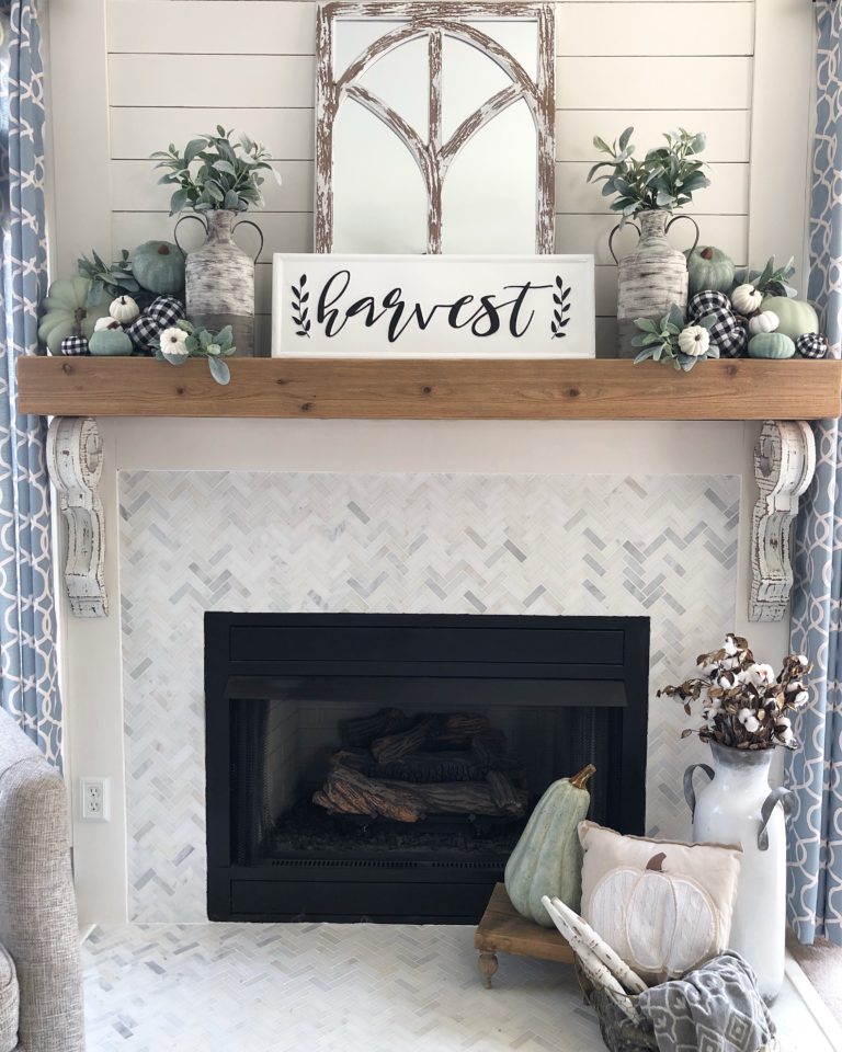 fall fireplace with buffalo check and sage green pumpkins for a ...