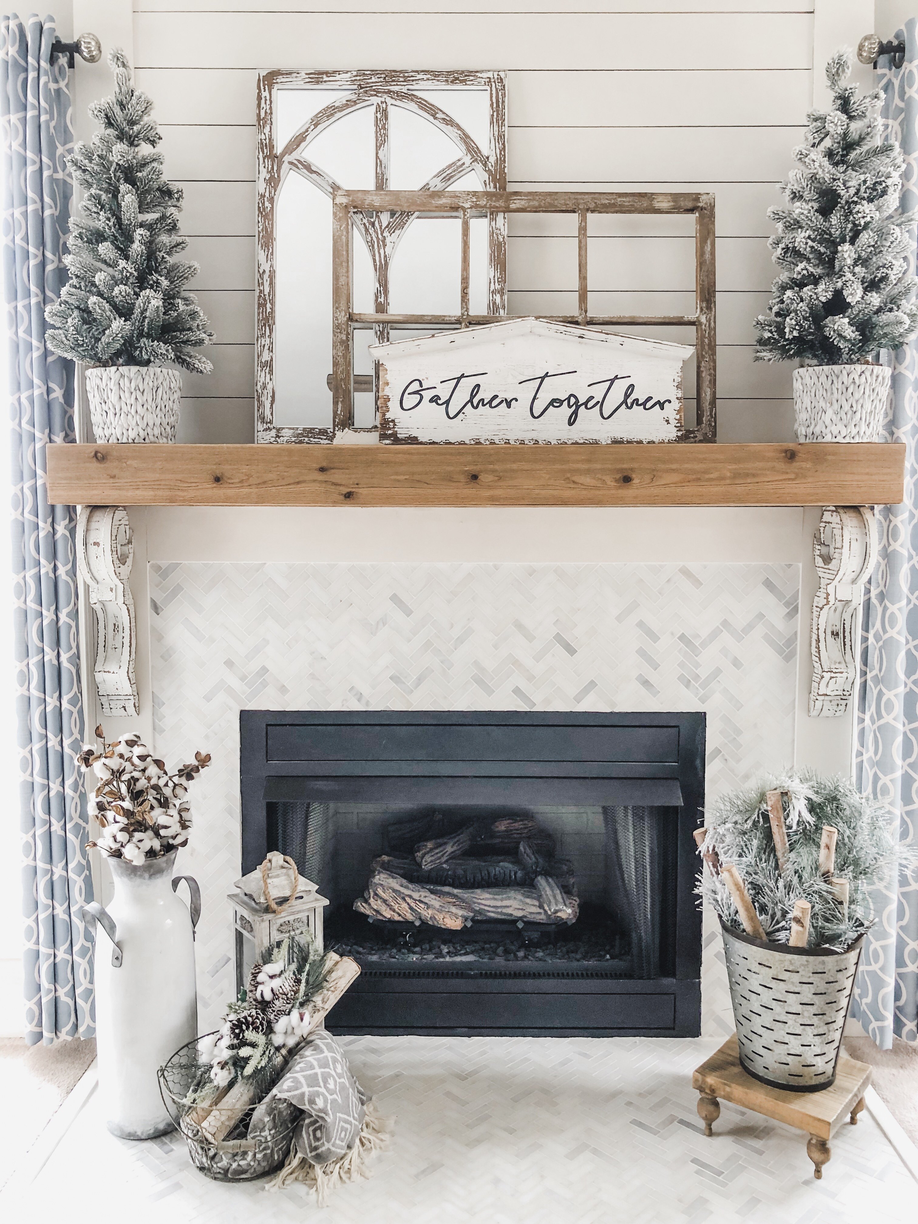 Cozy Winter Living Room decor fireplace with flocked trees and birch ...