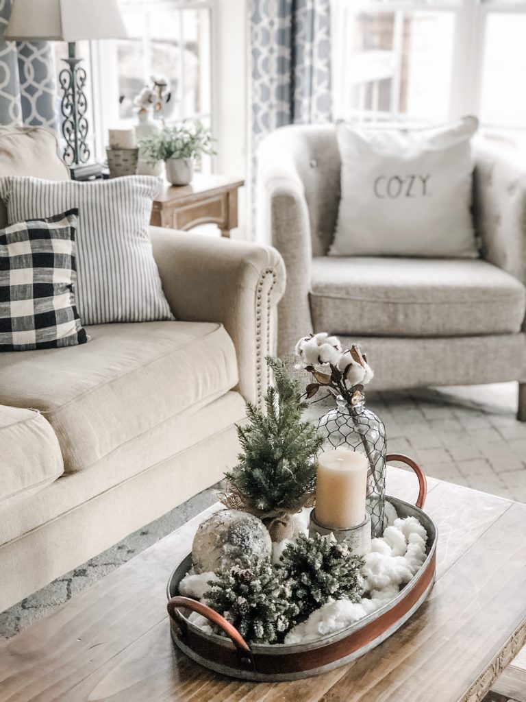 Cozy Winter Living Room decor with winter tray