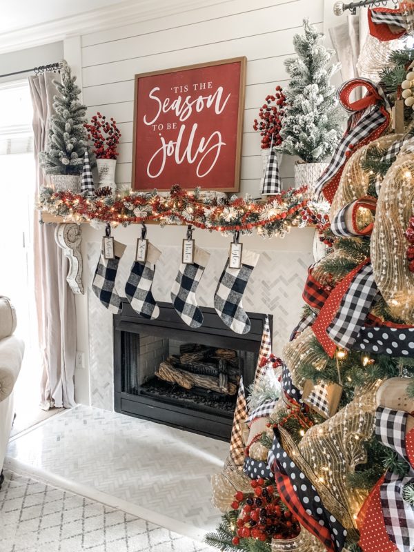 Christmas mantel decor using buffalo check! - Wilshire Collections