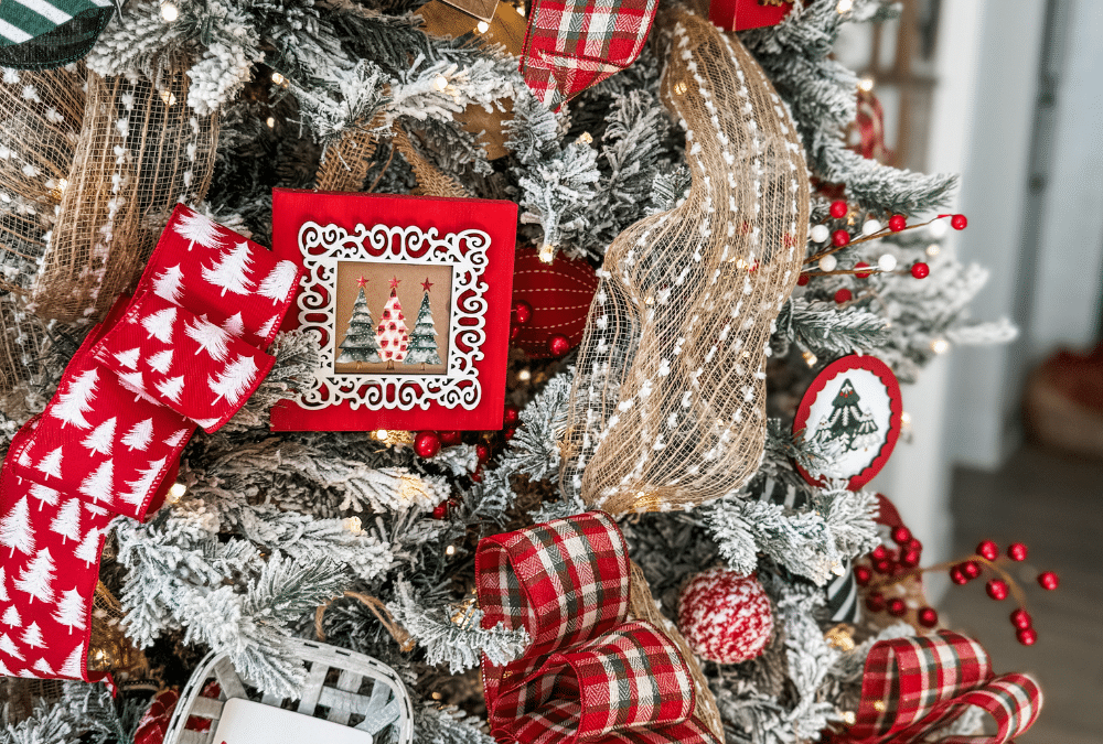 Traditional themed Christmas tree with ribbon